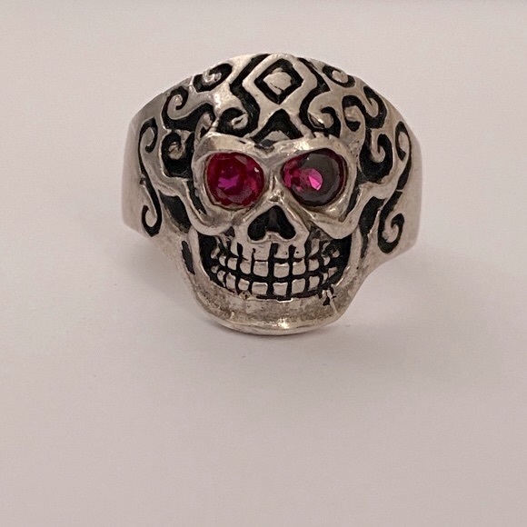 Other - 925 sterling silver biker skull ring red cz stone